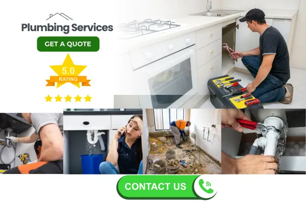 Plumbing services advertisement featuring professionals fixing various issues for kitchen and bathroom repairs